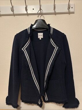 NIC+ZOE Navy Blazer with White Trim and Fringe